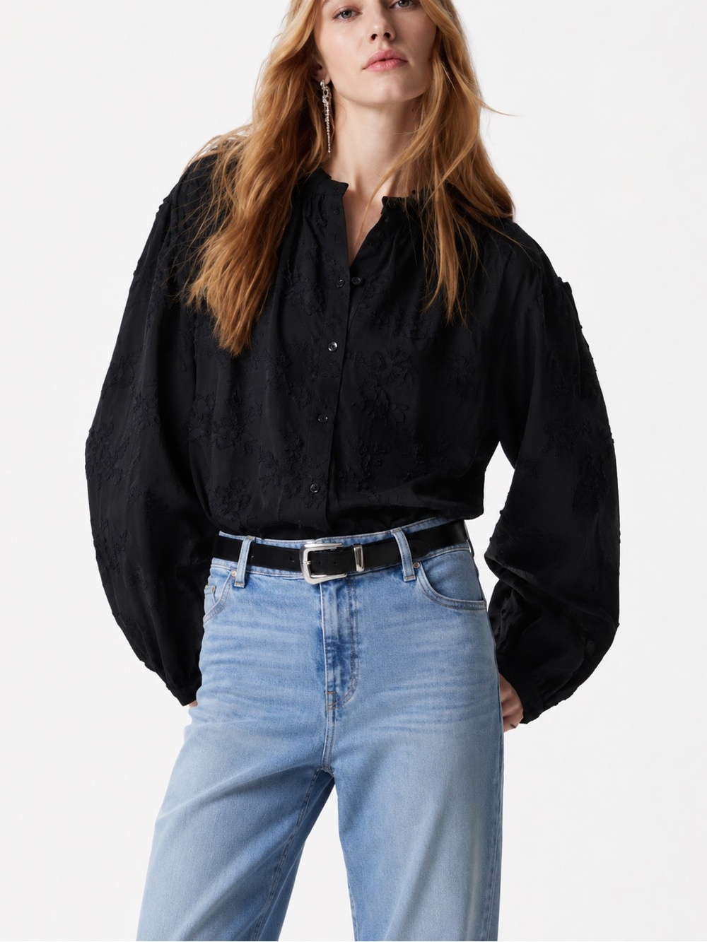 & Other Stories Black Cotton Embroidered Button-Front Blouse - size 2